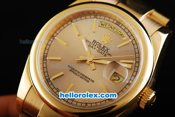 Rolex Day-Date Oyster Perpetual Automatic Full Gold Case/Strap with Gold Dial and Stick Marker - Click Image to Close